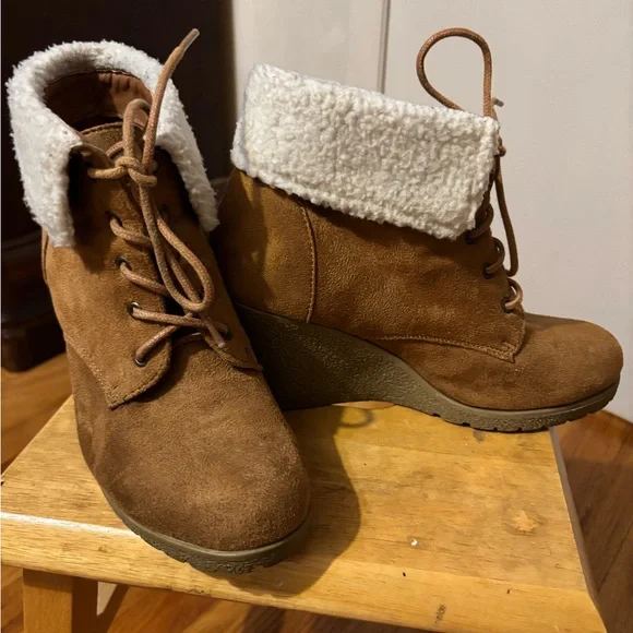 Rampage Brown Lace Up Booties with White Cuff - Picture 1 of 7